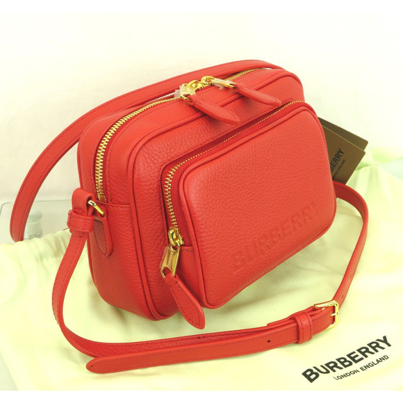 $1290 BURBERRY RED LOGO PEBBLE LEATHER ZIP CROSSBODY CAMERA BAG Made in Italy - Picture 2 of 14